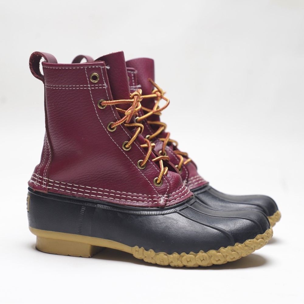 LL Bean Womens Bean Duck Boots Burgundy Leather Rubber Waterproof Lace Up Size 7